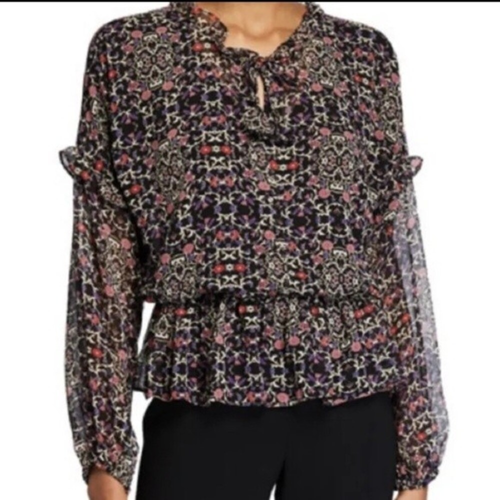 MISA Los Angeles Vera Floral Ruffle Sheer Blouse Size XS